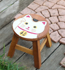 Maneki Neko Design Handmade Wooden Round Mini Stool, Chair For Toddlers, Kids