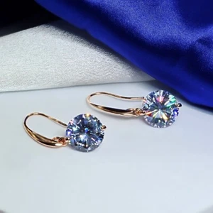 18K Rose Gold Filled Cubic Zirconia Single Brilliant Round Drop Dangle Earrings - Picture 1 of 7