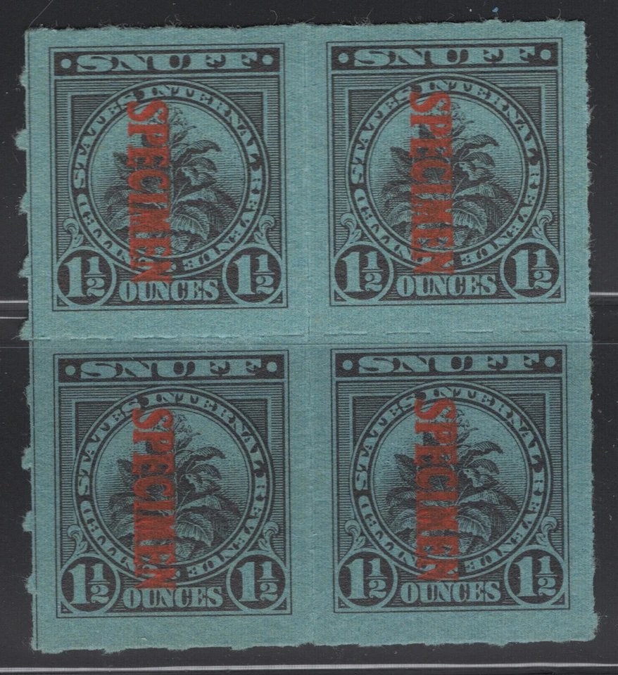 US Taxpaid Revenue Stamp Specimen  Block of 4 - Springer TES10 Snuff 1 1/2 oz - Image 1 of 1