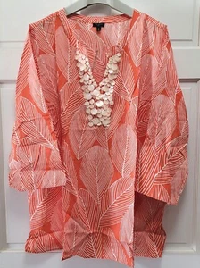 Talbots 3/4 Sleeves Cotton Blouse w/ MOP Mother of Pearl Shells - Orange - 3XL - Picture 1 of 5