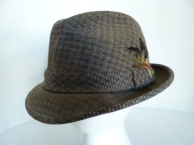 Sombrero Trilby Vintage Stetson 100% Lana Pura Marrón Tweed con Pluma Foto 1 de 4