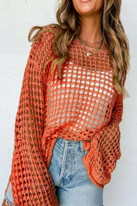 Orange offen Strick Häkel Glockenärmel Tunika Pullover - Bild 1 von 8