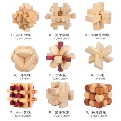 Child Adult Toy Kongming/Luban Lock Chinese Wooden Brain Teaser Educational 9pcs — 第 1/3 张图片