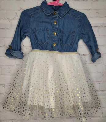 Vestido de mezclilla ajustado y acampanado para niñas de tul manga dorada botón rosa y violeta talla 2T Foto 1 de 4