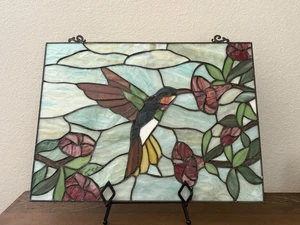 "Colibrí vitral ventana panel arte decoración pájaro floral con soporte 17,5""x 13""" - Imagen 1 de 6