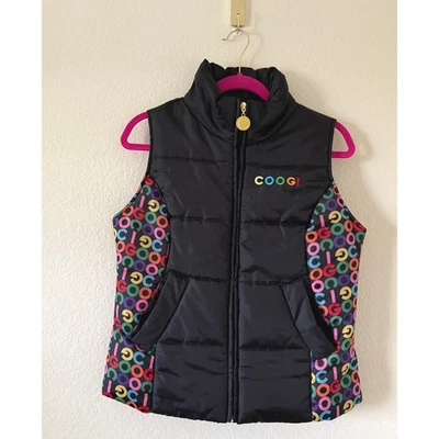 Coogi Puffer Vest Black Multi Color Logo Zip Front Sleeveless Women Size Med - Image 1 of 4