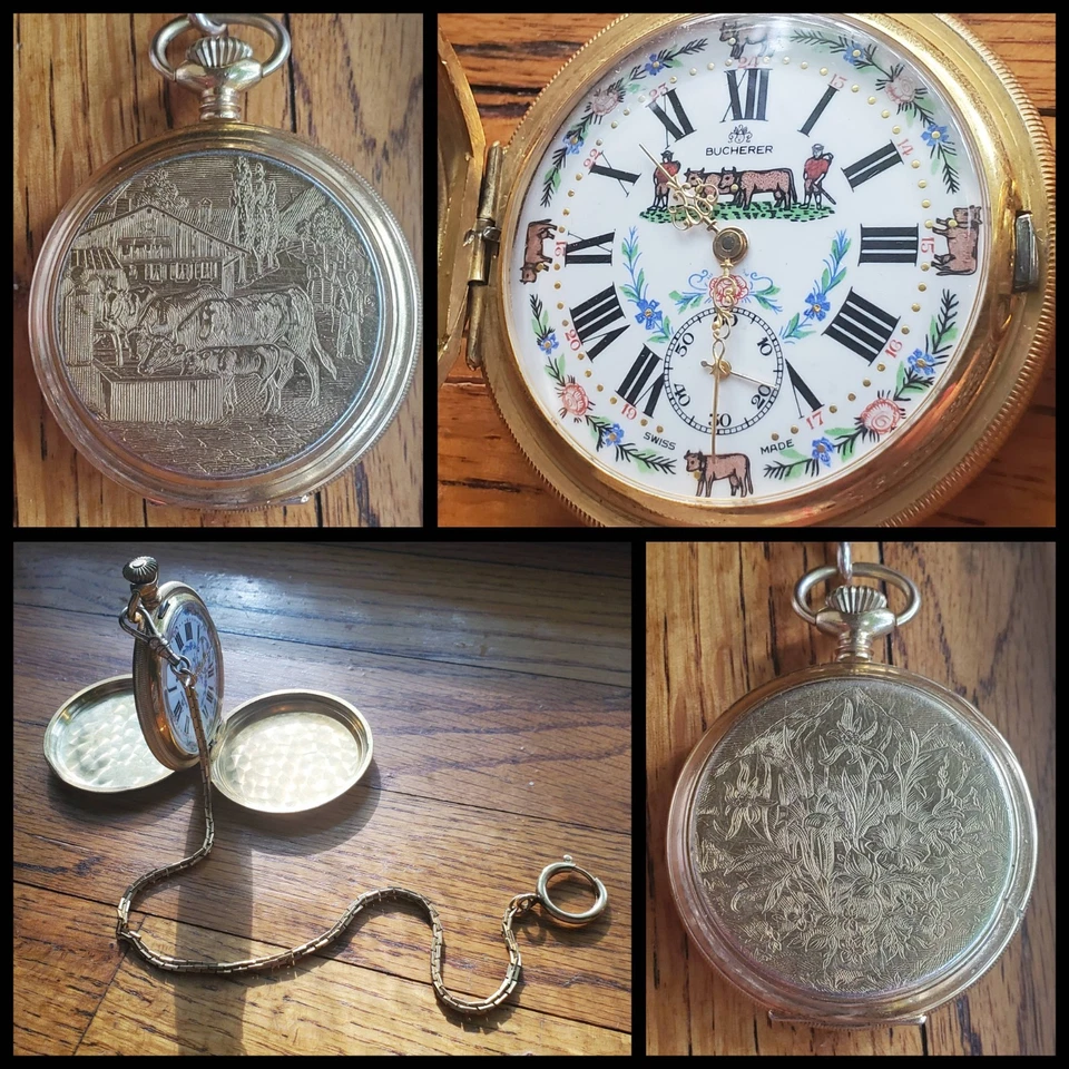RARE Bucherer Swiss Made Pocket Watch 2 Sided Floral Cow 12" Chain 1/20 12k Gold - Image 1 of 4