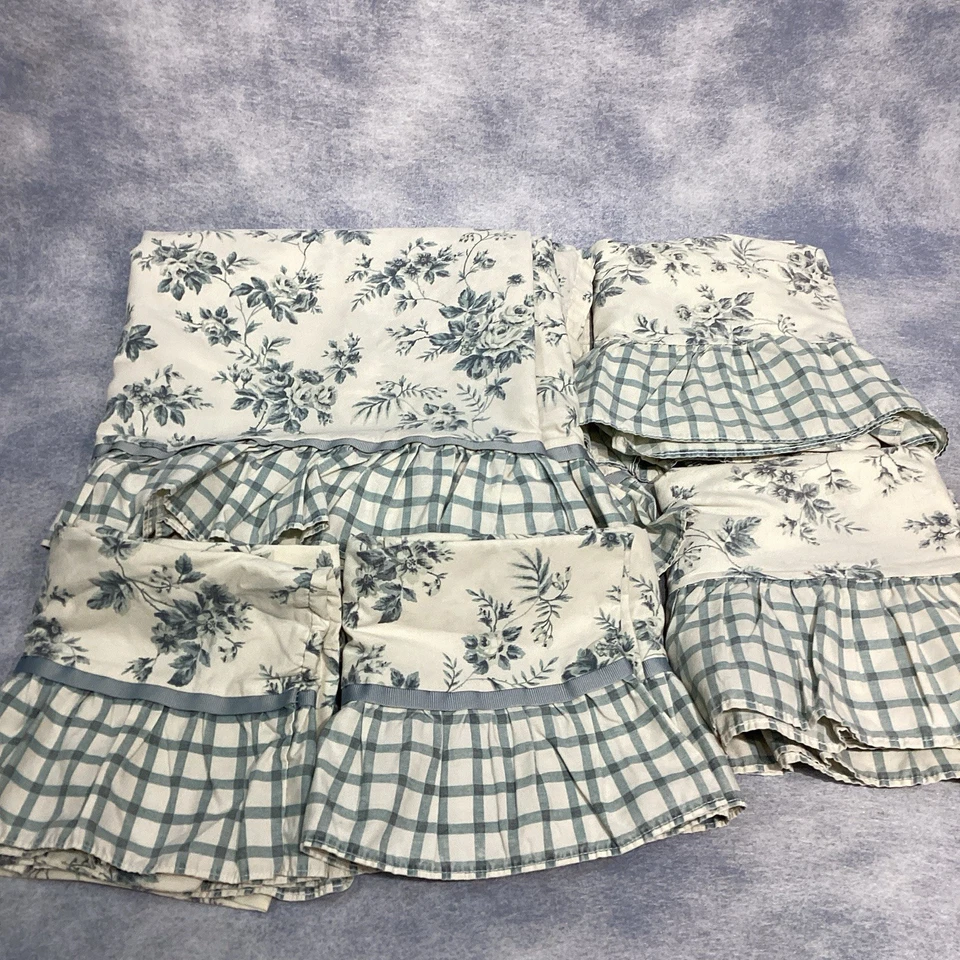 Waverly Full Flat Sheet & 4 Pillowcase Blue Floral w/ Check Ruffle & Ribbon Trim - Image 1 of 4