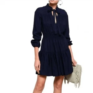 Maje Pleated Neck Tie Mini Dress Sz 2 Navy Blue Smocked V Neck Long Sleeves - Picture 1 of 10