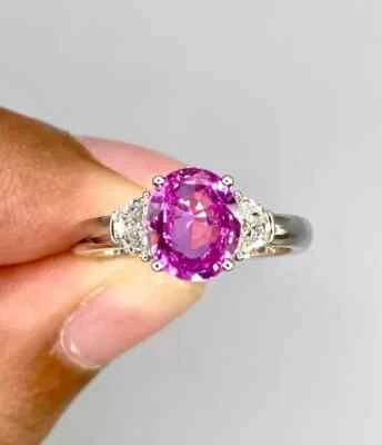 3.55Ct Oval Natural Pink Sapphire Diamond Wedding Ring 14K White Gold Size 5 6 7 - Image 1 of 4