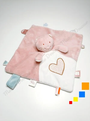 Doudou Plat/Mouchoir Minouchka Chat Rose Blanc Coeur Doré Attache Tétine Noukies - Photo 1/4