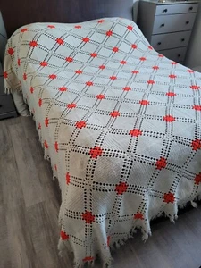 Hand Made Crochet Bedspread White w/Red/Orange Accents King Size 104"x120" - Picture 1 of 7
