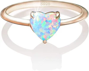 VENSERI Solid Lab Created Opal Rings Heart Shaped Rose Gold S925 Sterling Silver - Picture 1 of 6