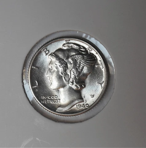 1940 . Mercury Dime . Gem BU . Brilliant Unc. . MS . Nearly Full Bands Cover