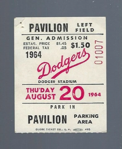 HANK AARON 4 HITS - 1964 MILWAUKEE BRAVES @ LA DODGERS TICKET STUB - AUGUST 20 Cover