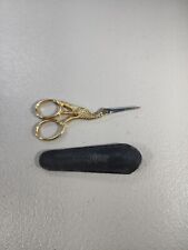 Gingher Crane Scissors with Leather Sheath, Gold and Silver Metal 3-1/2"