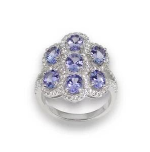 Tanzanite and white topaz Cluster Sterling Silver Ring  14k White Gold Over - Picture 1 of 3