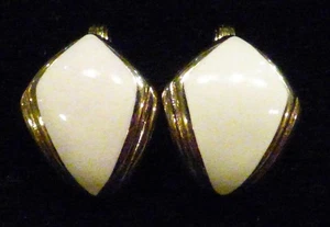 Vintage Monet Clip Earrings, Gold Tone with White Enamel, Diamond Shape - Picture 1 of 5