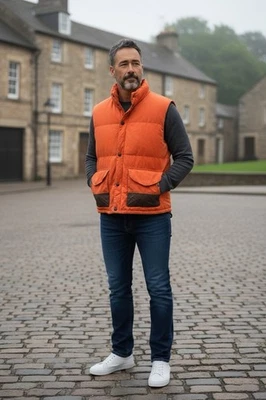 Chaleco de plumas de pato Nautica de colección para hombre con cremallera, bolsillos broches a presión naranja/verde XL Foto 1 de 4