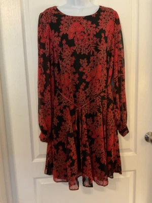 Tommy Hilfiger Size 12 Dress Red Black Floral Knee Length Long Cuff Sleeve -B39 - Image 1 of 4