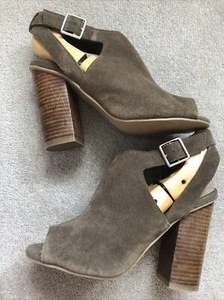 VTG Y2K NEW LOOK Olive Khaki Real Suede Peep Toes Sling back Heels Shoes 5 - Picture 1 of 15