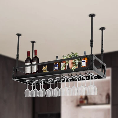 Industrial Vintage Bar Floating Shelf Black Ceiling Mounted Wine Bottle Holder - Image 1 of 4