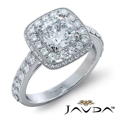 Anillo de compromiso de diamantes con cojín de canasta floral milgrain de 1,85 quilates GIA F-VVS2 con oro Foto 1 de 4