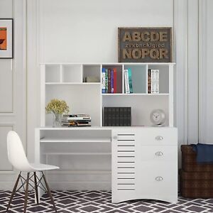 Computer Desk with Hutch Drawers &Bookshelf For Small Space Executive Desk White