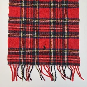 VTG Polo Ralph Lauren 100% Lambswool Scarf Red Tartan Plaid Scotland Pony Fringe - Picture 1 of 3