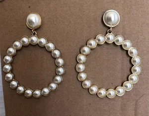 Polished Faux half pearls Hoop Earrings Pierced ears Dangle Drop Style Large2.5" - Picture 1 of 2