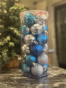 1 Pack 24ct Holiday Christmas ball plastic ornaments 1.5"  Blue & Silver - Picture 1 of 2