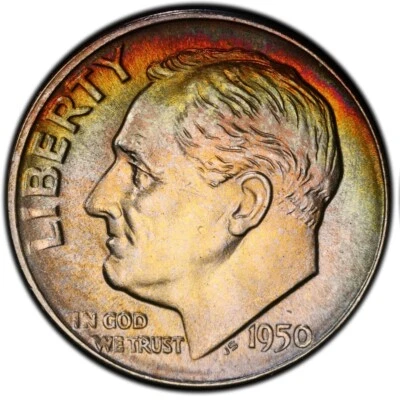 MS66 1950-D 10C Roosevelt Silver Dime, PCGS Trueview- Pretty Rainbow Toned - Image 1 of 4
