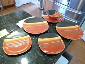 6pc Hometrends Bazaar Red Bowl Plates Dinner Salad Orange Red Brown Stripes EUC - Picture 1 of 12
