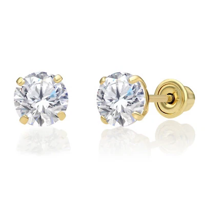 10K Real Solid Gold Solitaire Round CZ Sleeper Studs Earrings Screw-back 2mm-8mm - Image 1 of 4