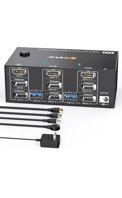 Triple Displayport/HDMI USB3.0 KVM Switch 2 PC Share 3 Monitors 4 USB 3.0 Ports - Image 1 of 4