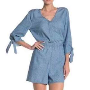 Susina Chambray Denim Tie Sleeve Romper - Picture 1 of 12