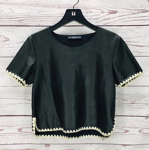 Zara Knit Womens Crew Neck Black Faux Leather Crop Top Short Sleeve White trim-M - Picture 1 of 9