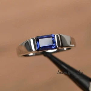 14K White Gold Over 1.24CT Emerald Cut Genuine Blue Sapphire Men's Wedding Ring - Picture 1 of 5