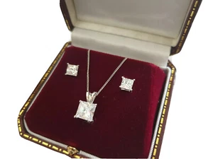 White gold finish princess cut created diamond necklace and stud earrings set - Picture 1 of 12
