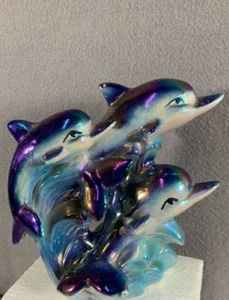 Vintage Iridescent Three Blue Dolphins Ceramic Dolphin Figurine Lusterware - Picture 1 of 9