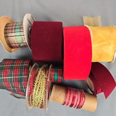 Lot Vintage Christmas Ribbon Rolls Gold Plaid Velvet Sheer Red Green - Image 1 of 4