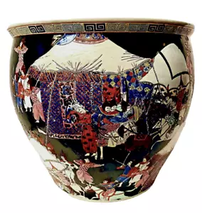 Large Vintage Chinese Famille Noire Three Kingdoms 14x16 Fish Bowl Planter - Picture 1 of 19
