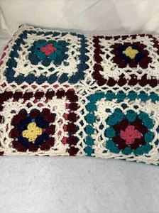 Afghan Handmade Crochet Granny Square  Blanket Throw blue Teal Pinkyellow 58x88” - Picture 1 of 4