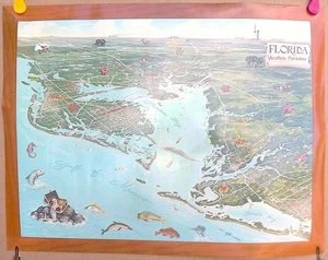 Raro póster impreso de viaje 1975 MAPA ILUSTRADO DE FLORIDA: PARAÍSO VACACIONAL Golfo - Imagen 1 de 5