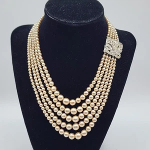Vtg Multi Strand Graduated Faux Pearl Necklace with Fancy Clasp 15" - Picture 1 of 8