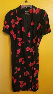 Vintage 90s Patrick Collection Silk Dress Black Pink Floral Wrap Classic Size 12 - Picture 1 of 7