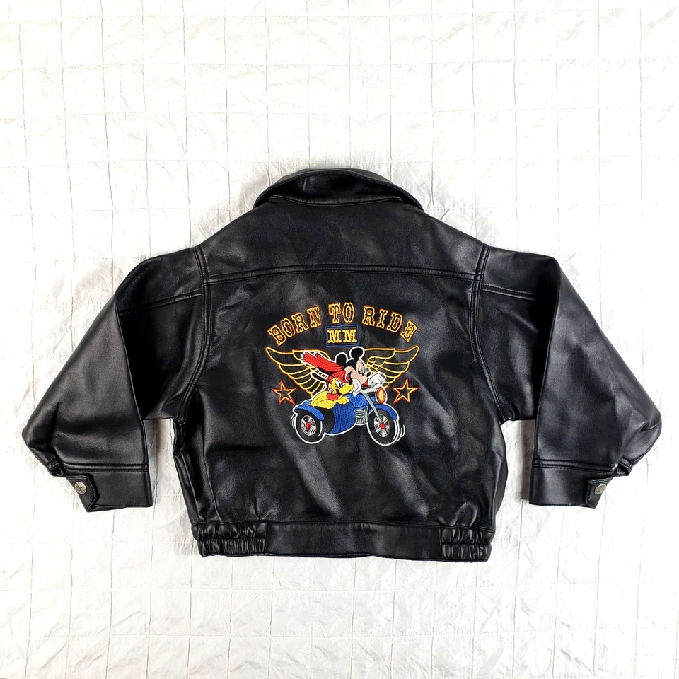 Chaqueta de moto de cuero para niños Mickey Mouse Disney talla 4T Born To Ride Foto 1 de 4