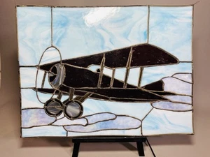 Handmade Stained Glass Vintage Bi-Plane Leaded Panel 18" x 13.5" w/ Hangers - Picture 1 of 7