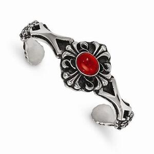 Stainless Steel Antiqued Shield Design Red Glass Cabochon Cuff Bangle Bracelet