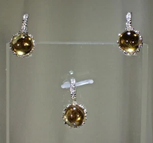 Rich Yellow Citrine 9mm Cabochon W-Cz 14K Gold Plated on .925 Silver Set #1439 - Picture 1 of 4